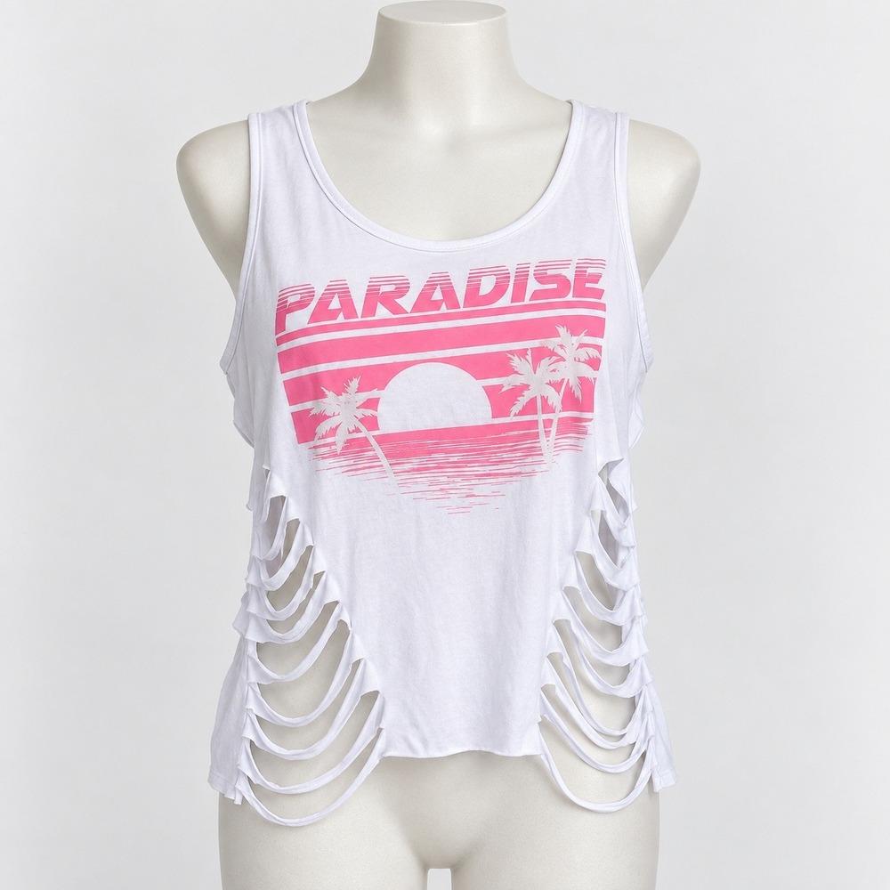 Love Paradise Graphic Tank Top Size 2x White Pink Shredded Sides Plus